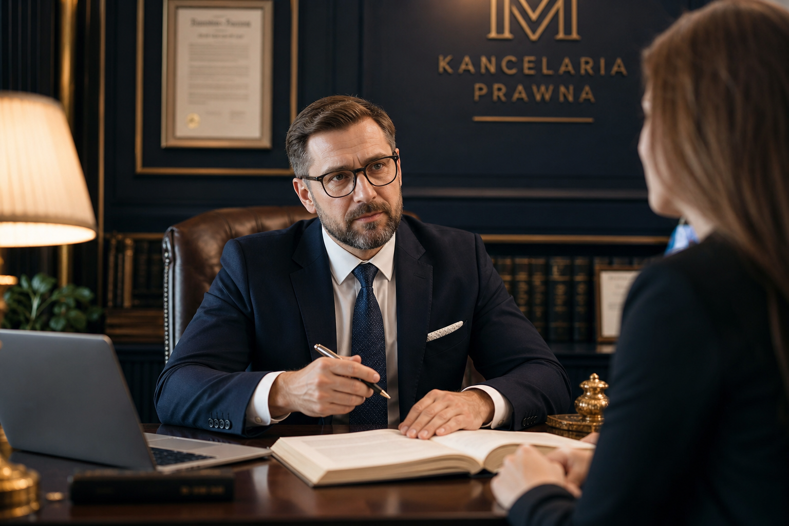 Radca prawny podczas konsultacji z klientem w kancelarii